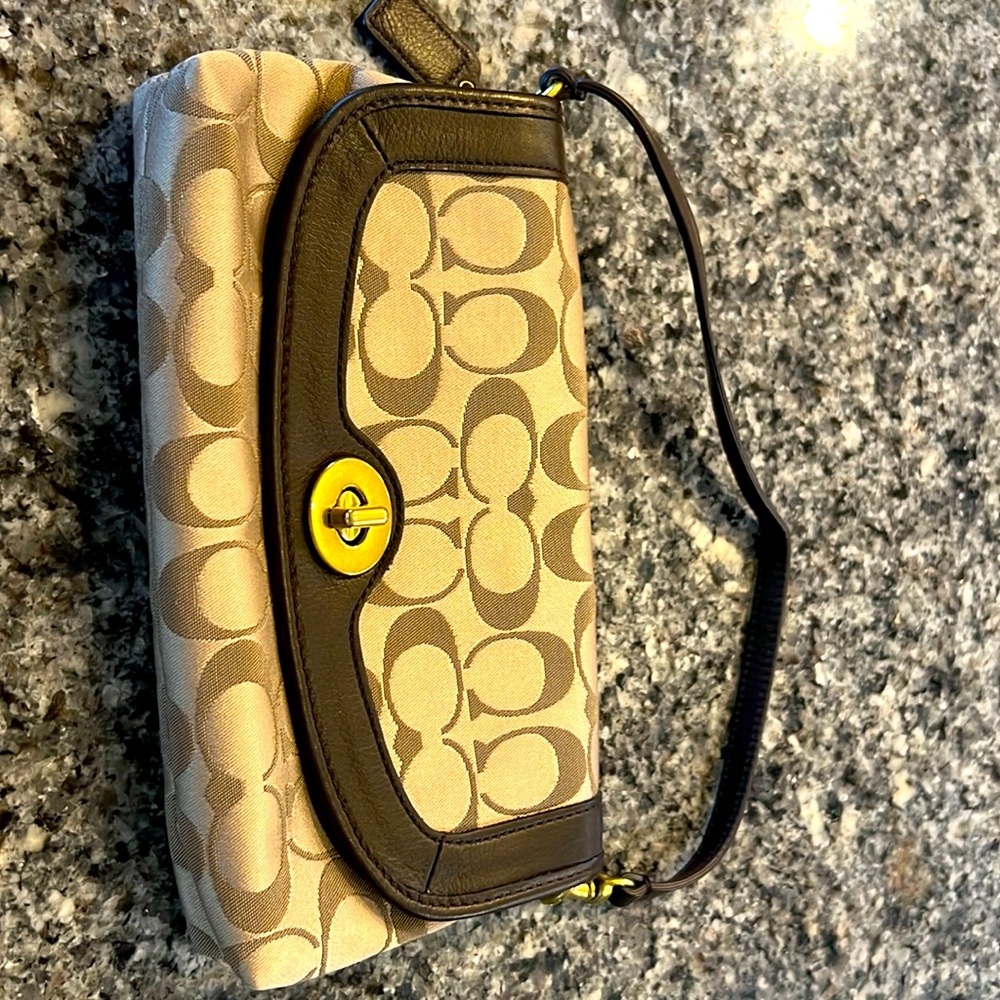 Coach Baguette Wristlet Canvas Tan Brown Brass Hardware